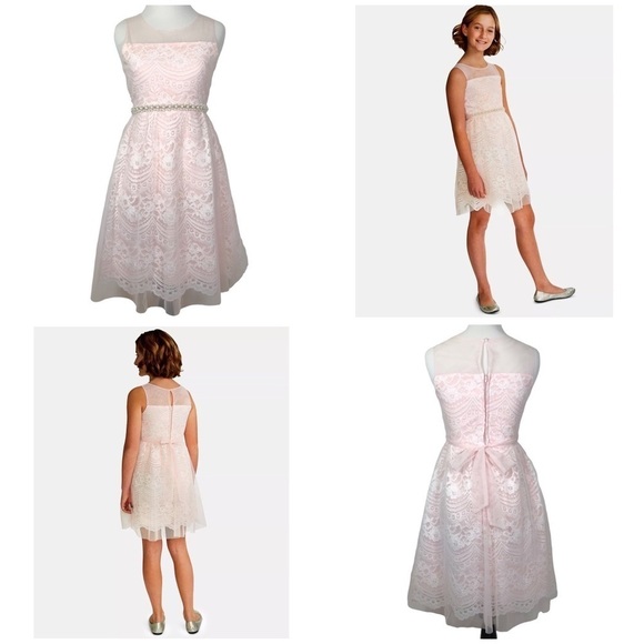 Rare Editions Big Girls Pink Embellished Lace Dress Size 16 Pearls Rhinestone - Picture 1 of 15